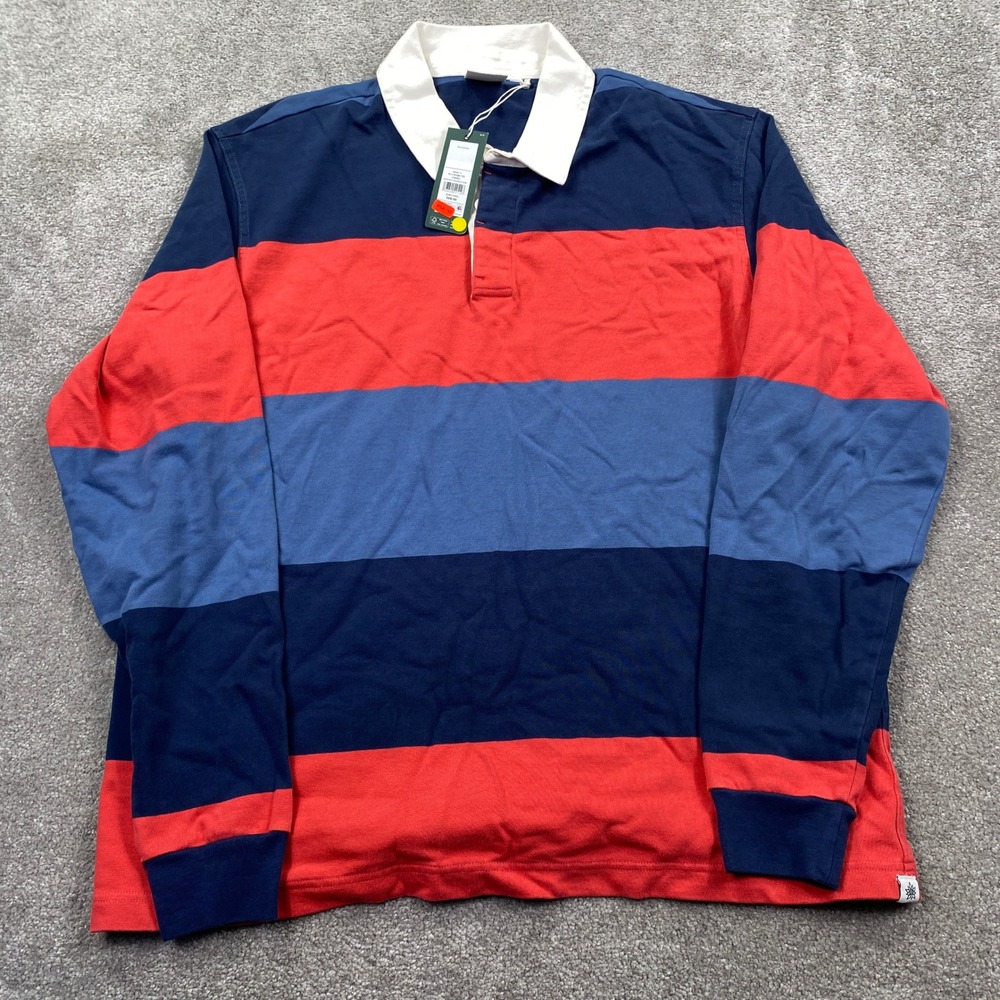 Alpine Design Rugby Tee Mens Large Red Blue Striped Long Sleeve Cotton Shirt